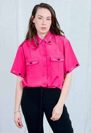 PINK SHIRT WOMEN LOVE COLLARED VINTAGE SHORT SLEEVE TOP XXL