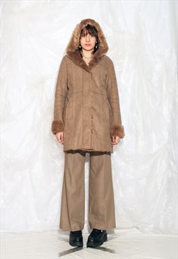 Vintage Y2K Faux Shearling Coat in Brown Hooded