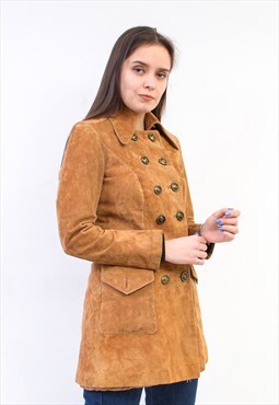 Vintage Women's 80s S M Suede Leather Jacket Coat Beige Mac