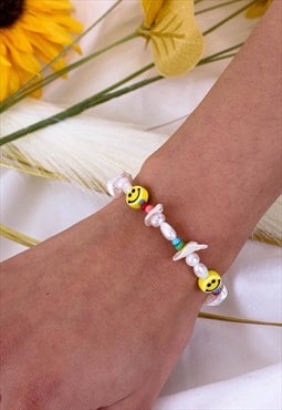 Smiley Face Pearl Beaded Bracelet 90s Y2K Jewellery