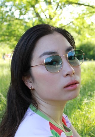 AKI GREEN LENS RETRO GOLD FRAME SUNGLASSES