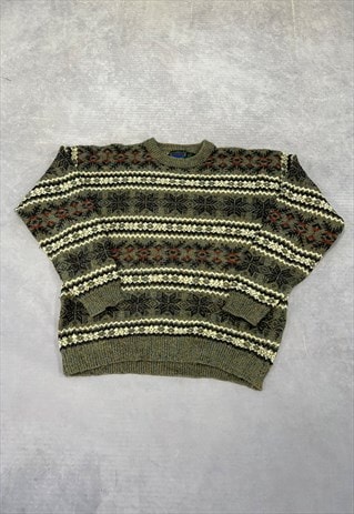 VINTAGE KNITTED JUMPER ABSTRACT PATTERNED GRANDAD SWEATER