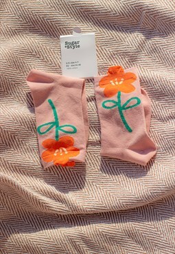 Pink Flower Illustrated Ankle Top Socks