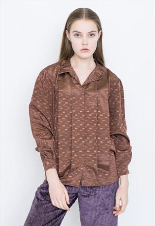 VINTAGE BROWN PATTERNED LONG SLEEVE RETRO SHIRT