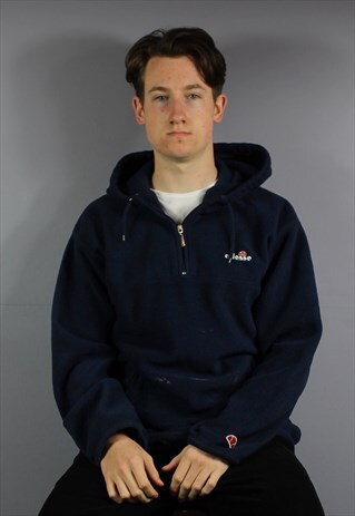 VINTAGE ELLESSE FLEECE HOODIE IN BLUE WITH ZIP POCKETS AND E