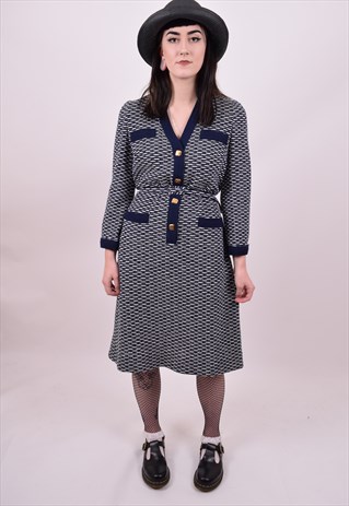 VINTAGE 70'S BLUE & WHITE CRAZY PRINT GRANNY DRESS 12 TO 14