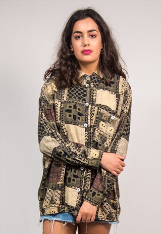 90'S VINTAGE GREEN CRAZY PATTERN OVERSIZE SHIRT