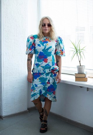 VINTAGE 60S MULTICOLOUR FLORAL MINI PUFF SLEEVED DRE