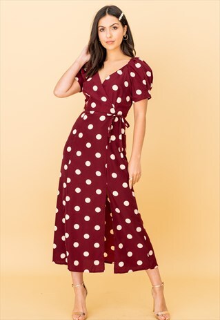 SHORT SLEEVE MIDI WRAP DRESS IN BURGUNDY POLKADOT PRINT