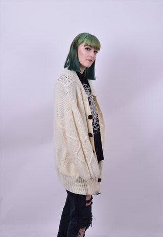 VINTAGE 90'S CREAM OVERSIZED HOME KNIT CARDIGAN X LARGE