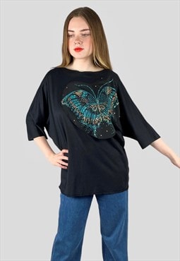 80's Black Batwing Cotton T Shirt Butterfly Glitter Applique