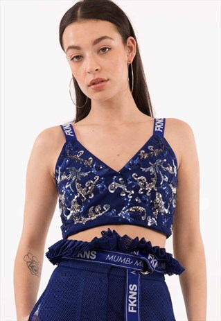 FKNS BLUE CROP TOP WITH EMBROIDERY