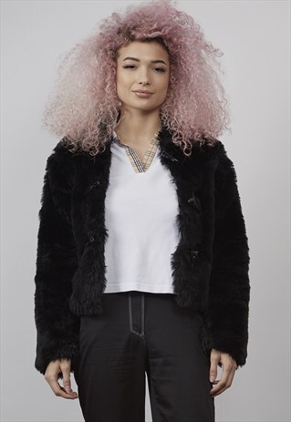 VINTAGE 90'S BLACK FAUX FUR CROP JACKET