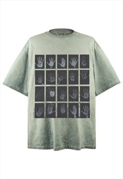 Hand print t-shirt sign language top grunge punk tee green