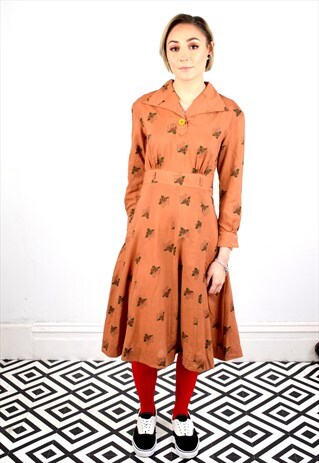 VINTAGE 70'S JAPANESE FLORAL LETTERING PRINT MIDI DRESS