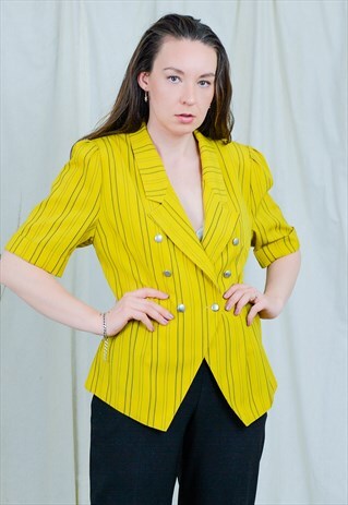 YELLOW TOP VINTAGE 80S STRIPED BLOUSE SHORT SLEEVE L