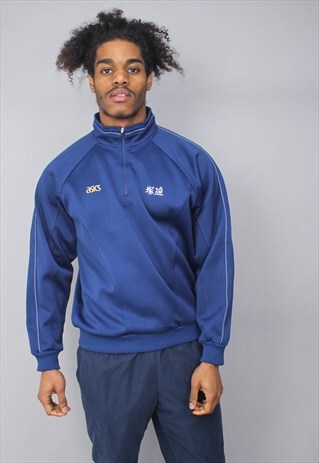 VINTAGE ASICS 1/4 ZIP NAVY BLUE PULLOVER SWEATSHIRT