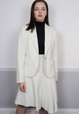 90S CREAM PIN STRIPE BLAZER & SKIRT TWO PIECE SUIT CO-ORD