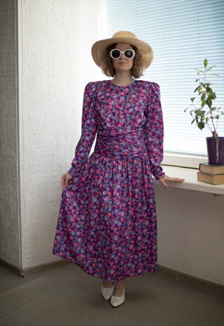 VINTAGE 60'S MULTICOLOUR FLOWER PRINT LONG SLEEVED DRESS