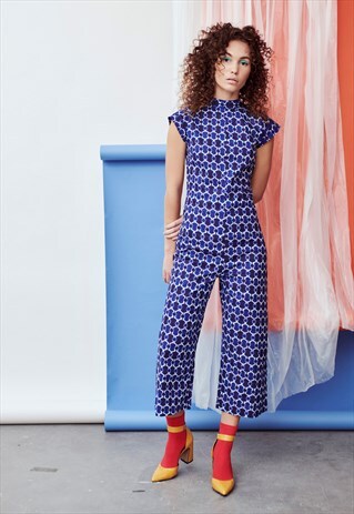 OCEAN BLUE PRINT SLEEVELESS CULOTTE JUMPSUIT