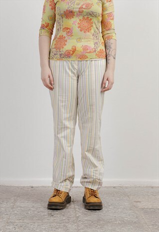 Vintage Y2k Funky Multi Stripe Mid Waist Straight Fit Pants 