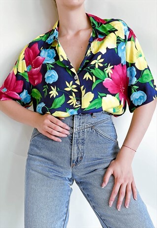 VINTAGE 90S MULTI FLORAL PATTERN SHORT SLEEVE WOMEN SHIRT L