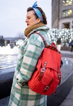 Leather And Jute Canvas Rucksack In Red