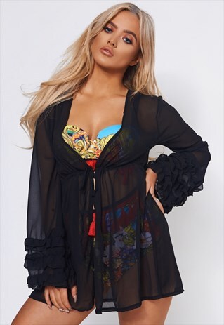 BIBA BLACK FRILL CHIFFON KIMONO