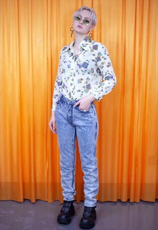 VINTAGE 80S MOM JEANS BLUE ACID WASHED HIGH WAIST SLIM