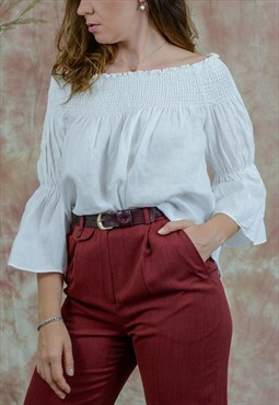 Hippie linen blouse white flax spanish summer top L-XXL