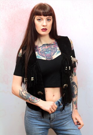 1970S VINTAGE REAL SUEDE BLACK FEATHERED TASSEL WAISTCOAT