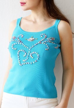Blue 90s Cami Top Beaded Vintage Strappy Top
