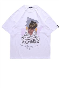 Rapper print t-shirt hip-hop graffiti retro tee in white