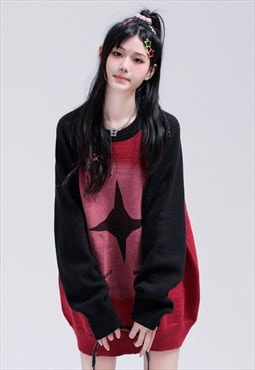 Geometric sweater knitted raglan jumper Star print top red