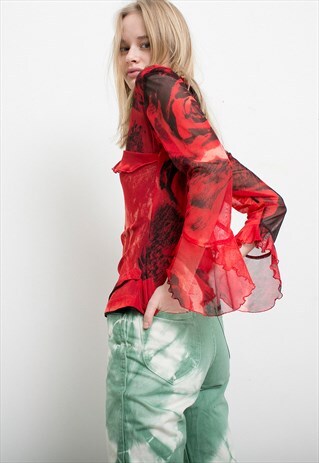 VINTAGE RED BLACK ELEGANT ABSTRACT BLOUSE EMBROIDERY ARMS