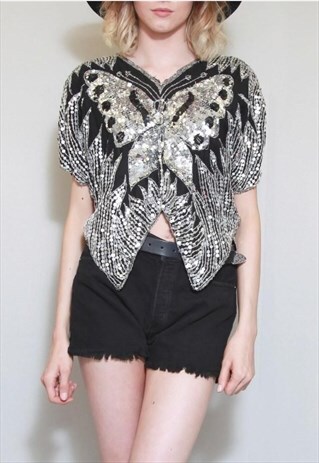 VINTAGE 1980'S BLACK AND SILVER SEQUIN BUTTERFLY TOP