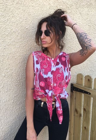 PATTERNED CROPPED TIE-UP RETRO VINTAGE FESTIVAL SHIRT
