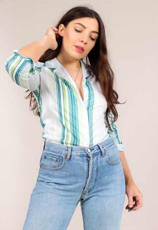 VINTAGE 70S GREEN STRIPE PRINT BLOUSE