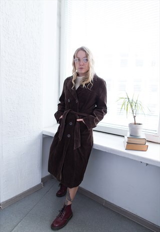 VINTAGE 80'S BROWN CORDUROY DOUBLE BREASTED BELTED COAT