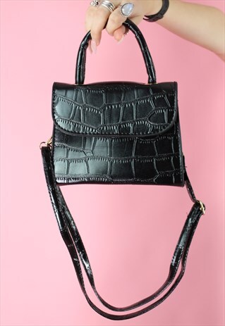VINTAGE INSPIRED BAG CROSS BODY IN FAUX SNAKE LEATHER BLACK