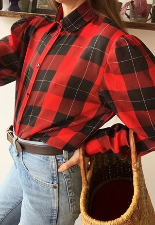 VINTAGE 70S TARTAN CHECKED CHRISTMAS BOHEME BLOUSE SHIRT TOP