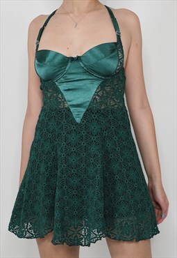 Green lace satin bustier dress