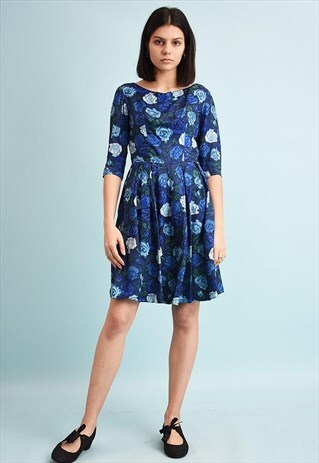 VINTAGE 80'S RETRO FLORAL PRINT FLARE MINI DRESS