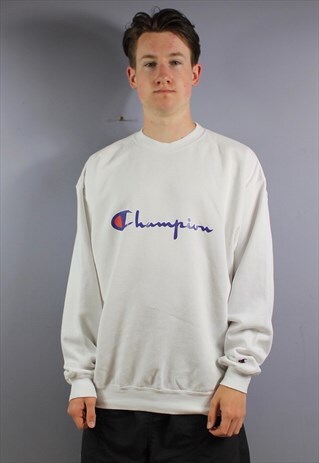 VINTAGE CHAMPION SWEATSHIRT IN WHITE WITH PRINTED LOGO AND E