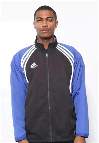 VINTAGE ADIDAS LOGO TRACK JACKET BLACK AND BLUE