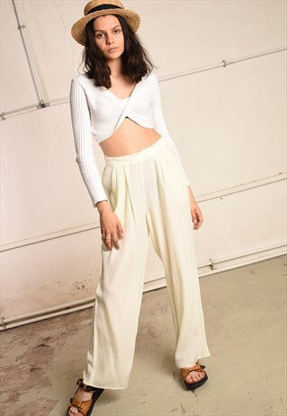 90'S RETRO PARIS CHIC CREAMY WIDE-LEG PALAZZO SHEER TROUSERS
