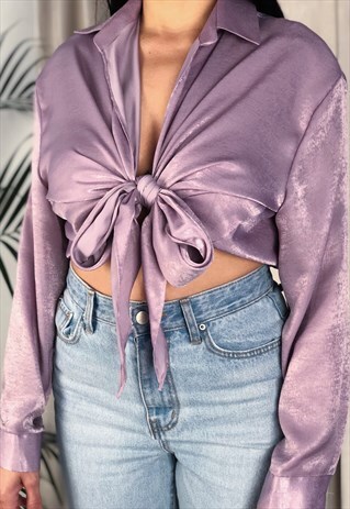 LILAC TEXTURED SILKY PLUNGING TIE FRONT SHIRT