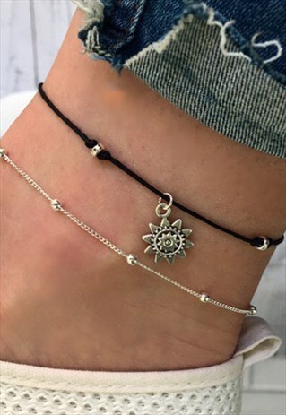 SILVER BEADED SUN ANKLET SET