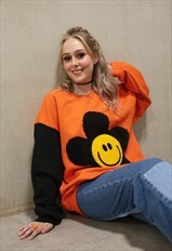 90s Orange Single Black Sleeve Sweatshirt Flower Smiley Face