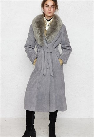 VINTAGE GREY FAUX FUR SUEDE LEATHER SHEARLING SHERPA COAT